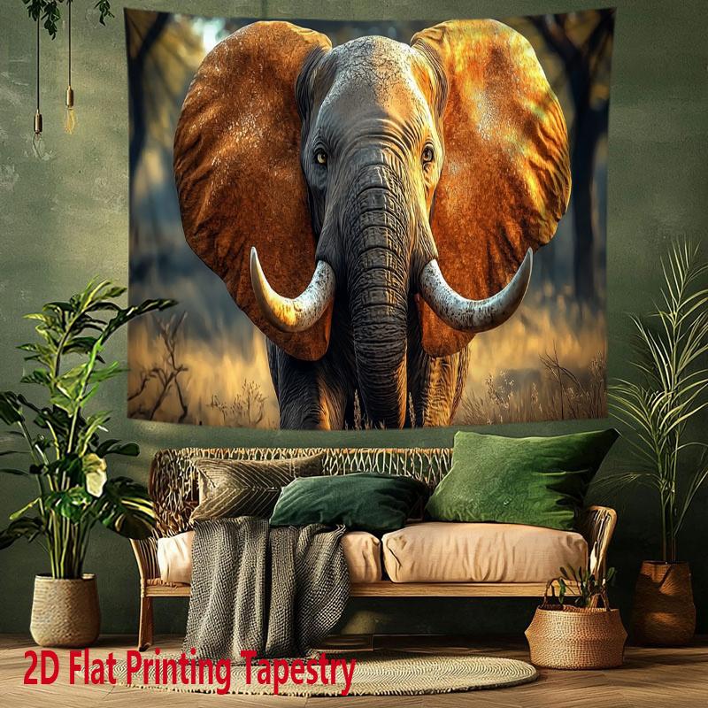 Realistic African Elephant Tapestry Majestic Tusker In Savannah Wall Hanging, Wild Animal Room Decor Suitable Offices Bars Party
