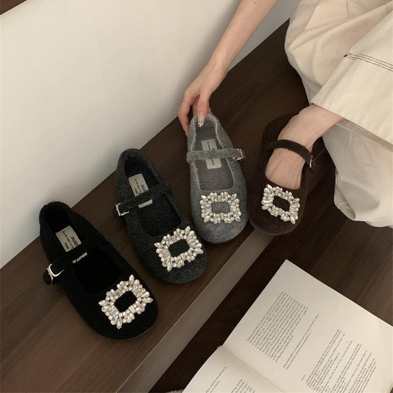 French flat-bottomed velvet Mary Jane fluffy shoes for women's 2025 autumn and winter retro rhinestones with skirts and warm shoes