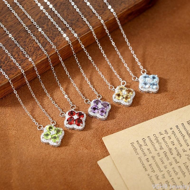 S925 Sterling Silver Natural Stone Clover Necklace Women's Simple Niche Design Heavy Industry Clavicle Chain