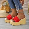 Woven Word with Muffin Slippers Women's Large Size Outer Wear Slope Heel Beach Cool Slippers Wish