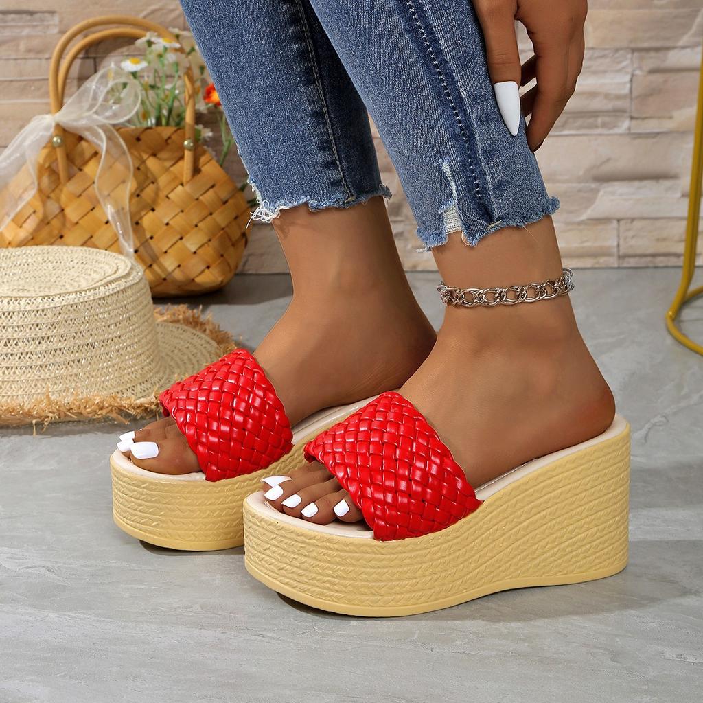 Woven Word with Muffin Slippers Women's Large Size Outer Wear Slope Heel Beach Cool Slippers Wish