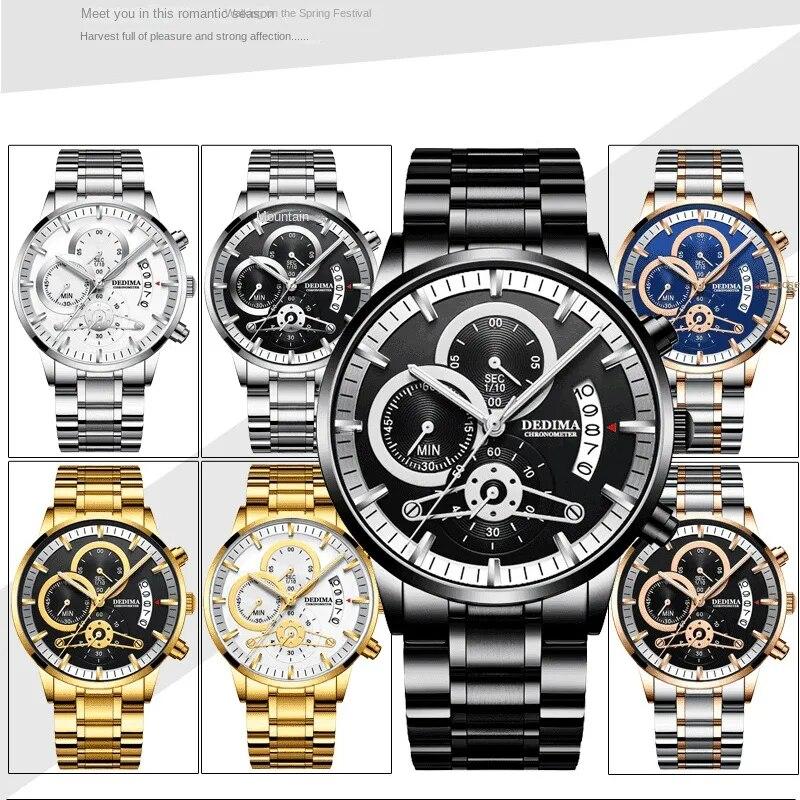 KINGNUOS Herrenuhr mit massivem Stahlarmband, wasserdicht, beschichtetes Glas, leuchtend, drei Augen, 6 Zeiger, Quarzuhr