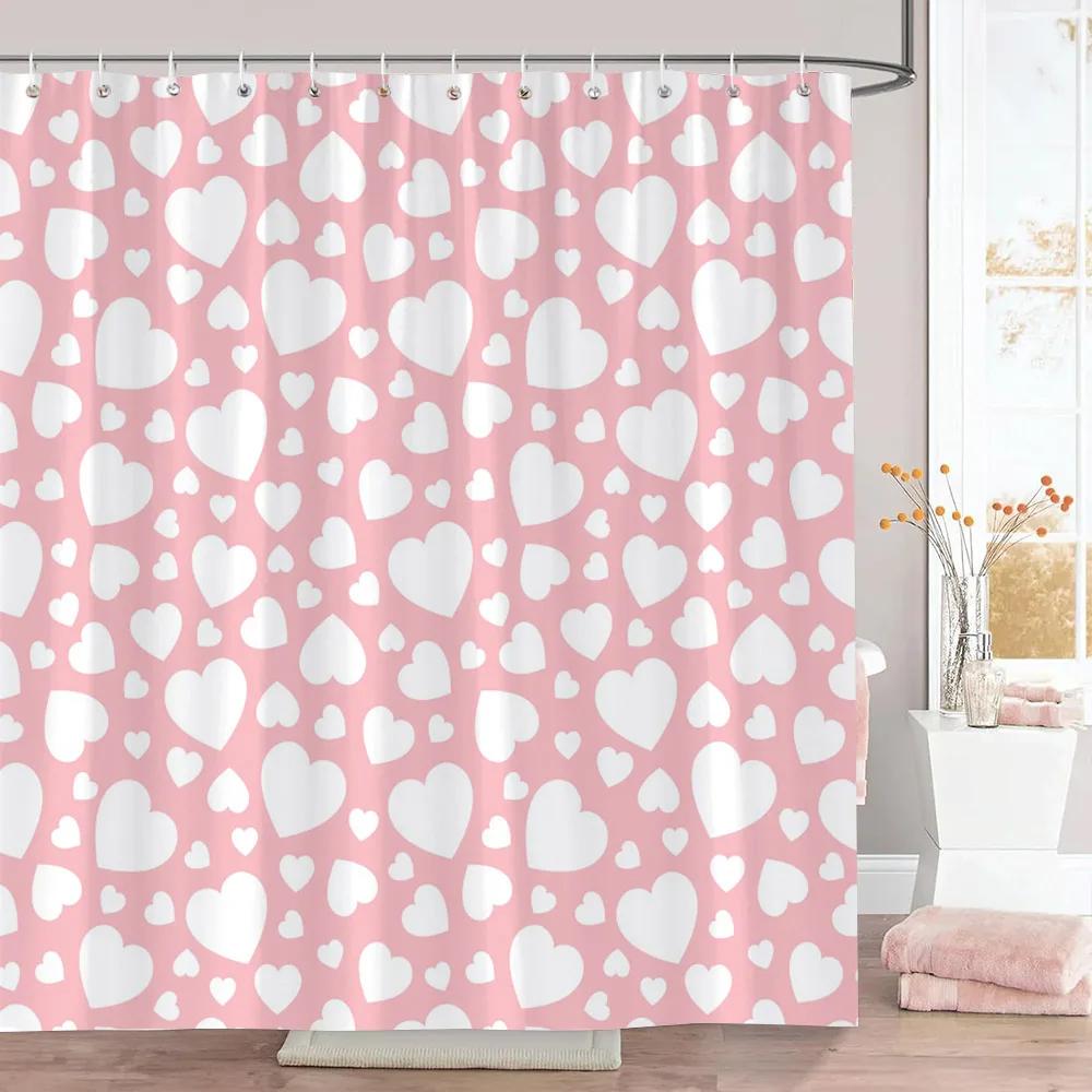 Rosa Herz Duschvorhang Weihnachtsgeschenk Geometrische Linien Schlicht Modern Polyesterstoff Duschvorhänge Badezimmerdeko mit Haken
