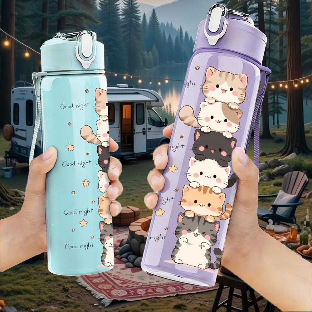 1PC Vertical Stacked Kitten Cartoon Print 750ml Color Plastic Sports Water Bottle Leakproof Flip Straw Lid Suitable for Sports Office Home Use