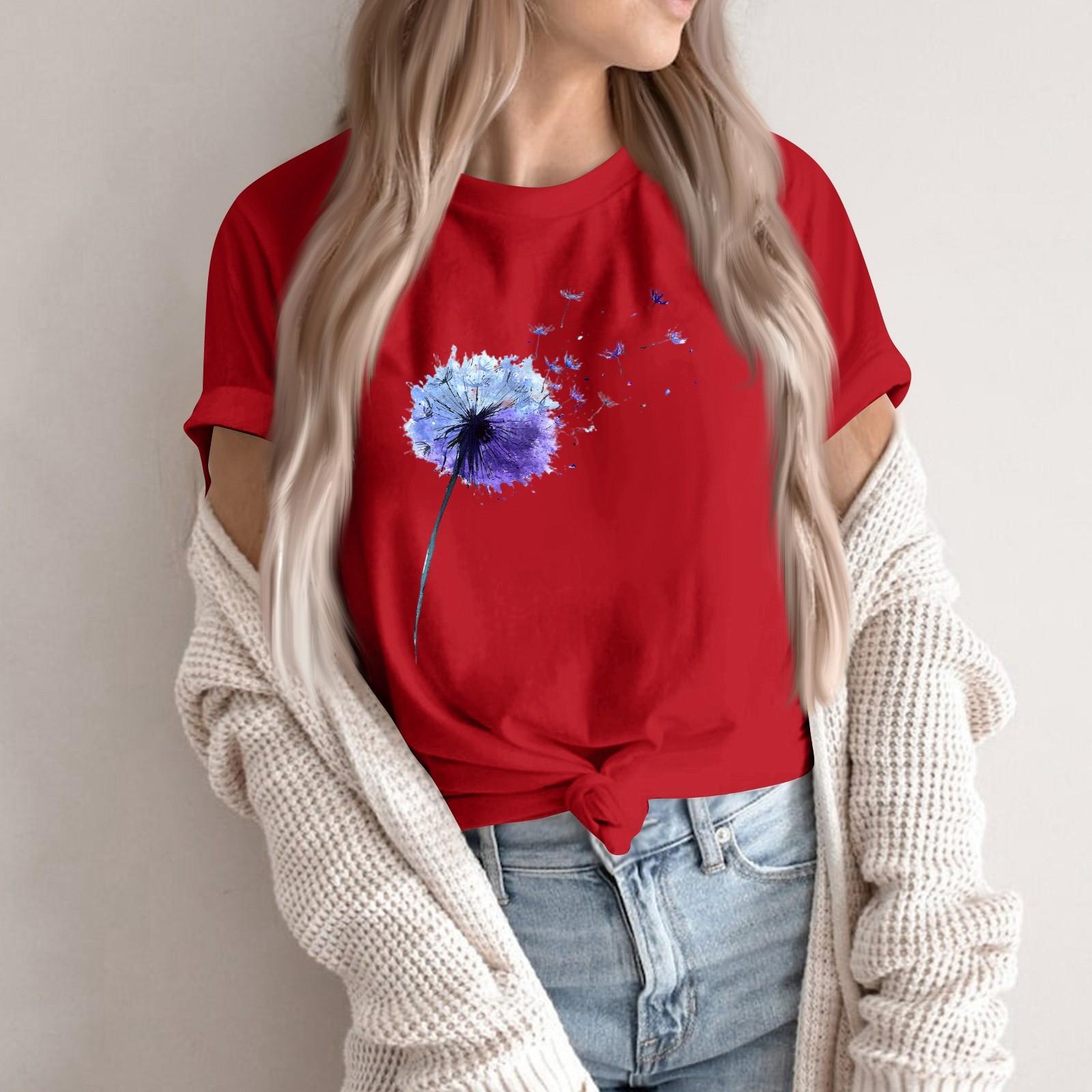 

Women s Fashion Casual Printed Round Neck Short Sleeved Pullover T-Shirt Top S червоний