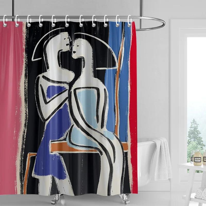 Modern Love Shower Curtain-Abstract Couple Silhouettes in Black, Blue and pink, Artistic Bathroom Decoration W90xH180cm