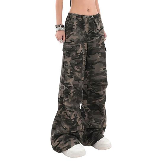 Women Cargo Pants Elastic High Waist Adjustable Drawstring Casual Trousers Camouflage Print Loose