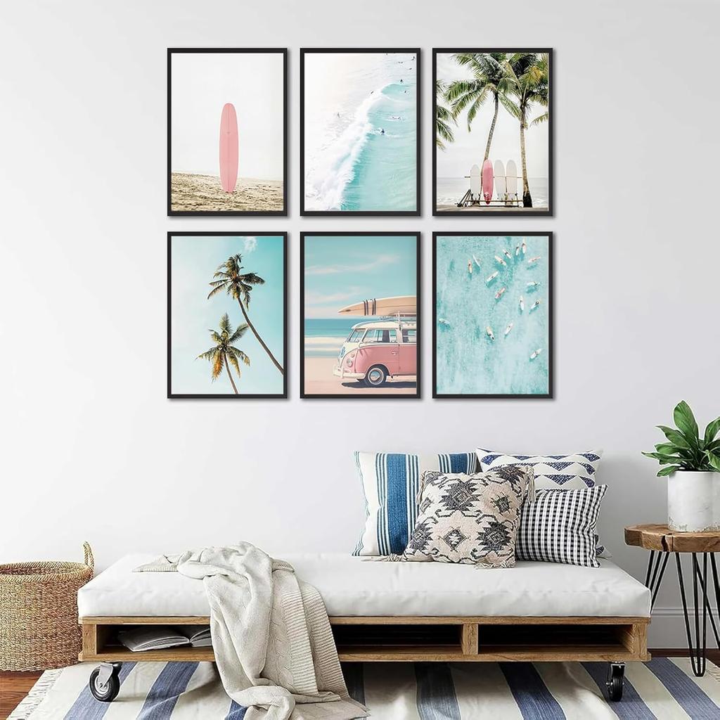 6Pcs Surf Canvas Wall Art Summer Beach Posters Tropical Ocean Coastal Wall Decor Palm Tree Surfboard Seascape Painting Prints Nautical Pictures Gift