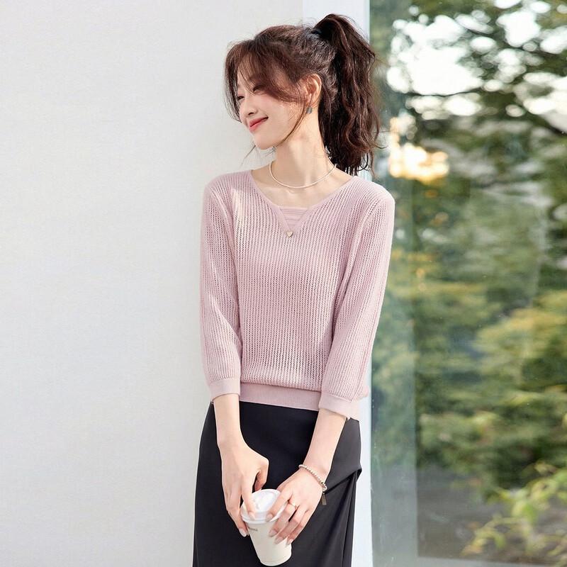 Srcr Women s Wool Blend Openwork 3/4 Sleeve Knitted Top M