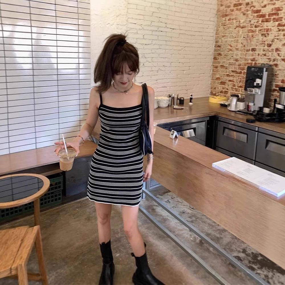 Black and White Striped Knitted Suspender Dress Women's Summer Elastic Slim Waist Skirt Spice Girl Tight Hip Skirt