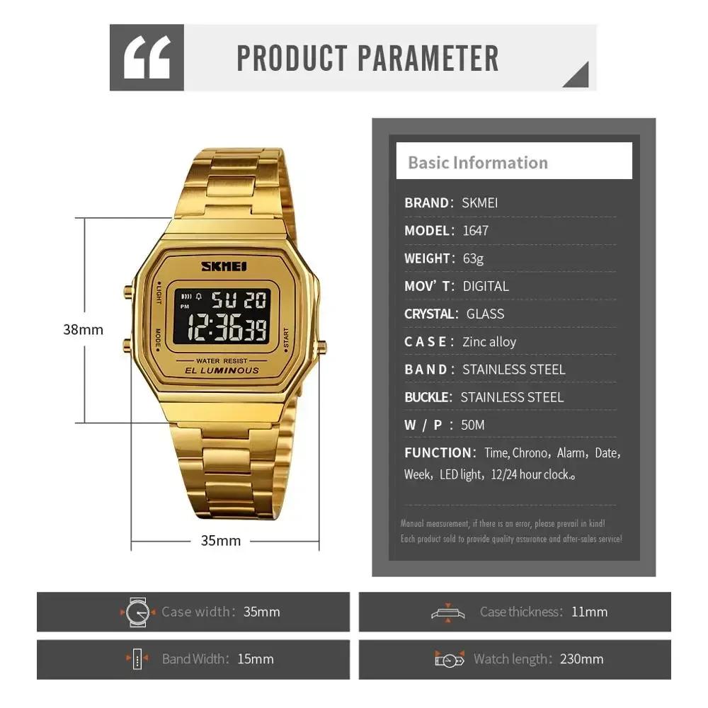 SKMEI 1647 Men Reloj Hombre Retro LED Digital Male Watches Casual Simple Mens Wristwatches Stainless Steel Band Waterproof Watch