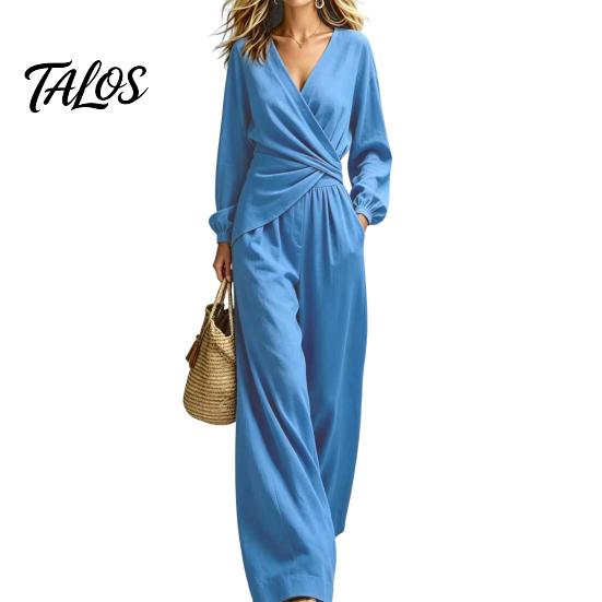 Lässiges Damen-Outfit, Damen-Langarm-2-Teiler-Sets, Oberteil mit unregelmäßigem Saum und V-Ausschnitt, Anzug aus Polyesterfaser und passende Wide-Leg-Hosen für Reise und Urlaub