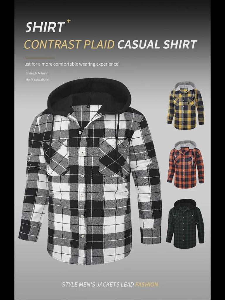 2024 Wiosna Męska Koszula Kraciasta Flanelowa Z Kapturem - Długi Rękaw, Wysokiej Jakości