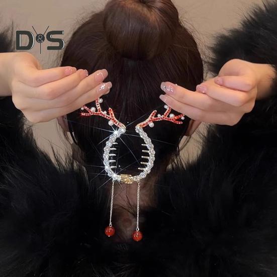 2 stk Jule reinsdyr hårspenne Faux perler Skinnende rhinsteiner Hårklemme Lang duskdesign Hestehale knuteholder Festlige hårtilbehør