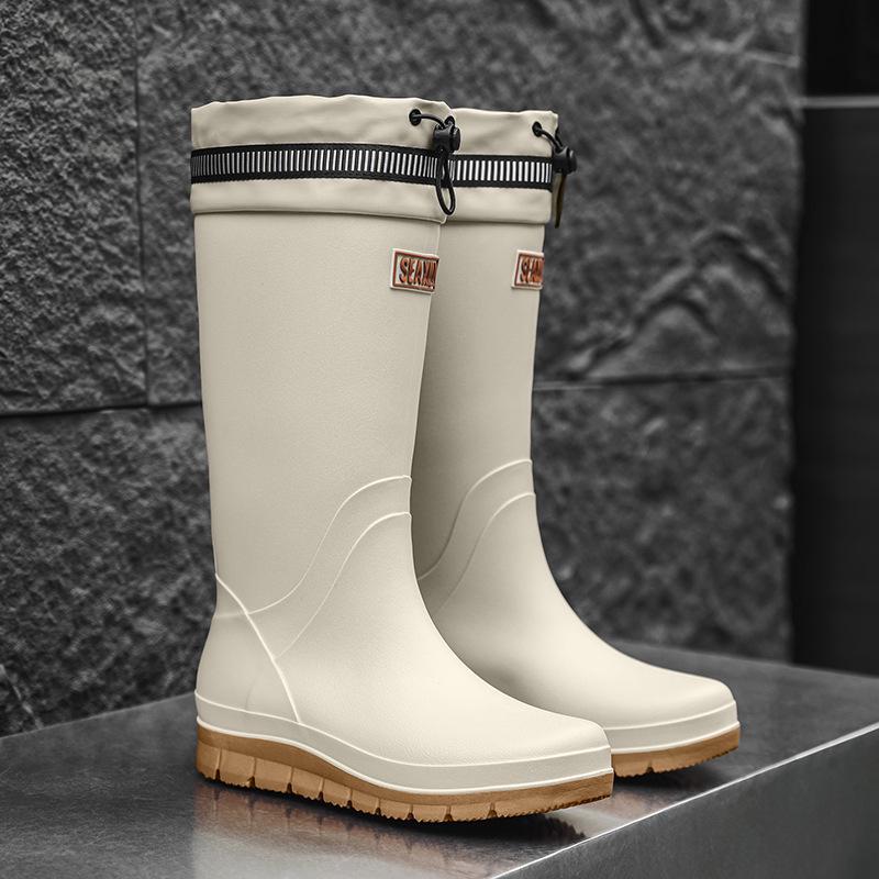 

Мужские высокие водонепроницаемые нескользящие резиновые сапоги с кулиской, стиль с длинным голенищем 41 грязно-белый