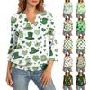 Women's 3/4 Sleeve Top With Cuffed Hem, V-Neck, Summer Casual -Shirt, St. Patrick's Day Printed Top