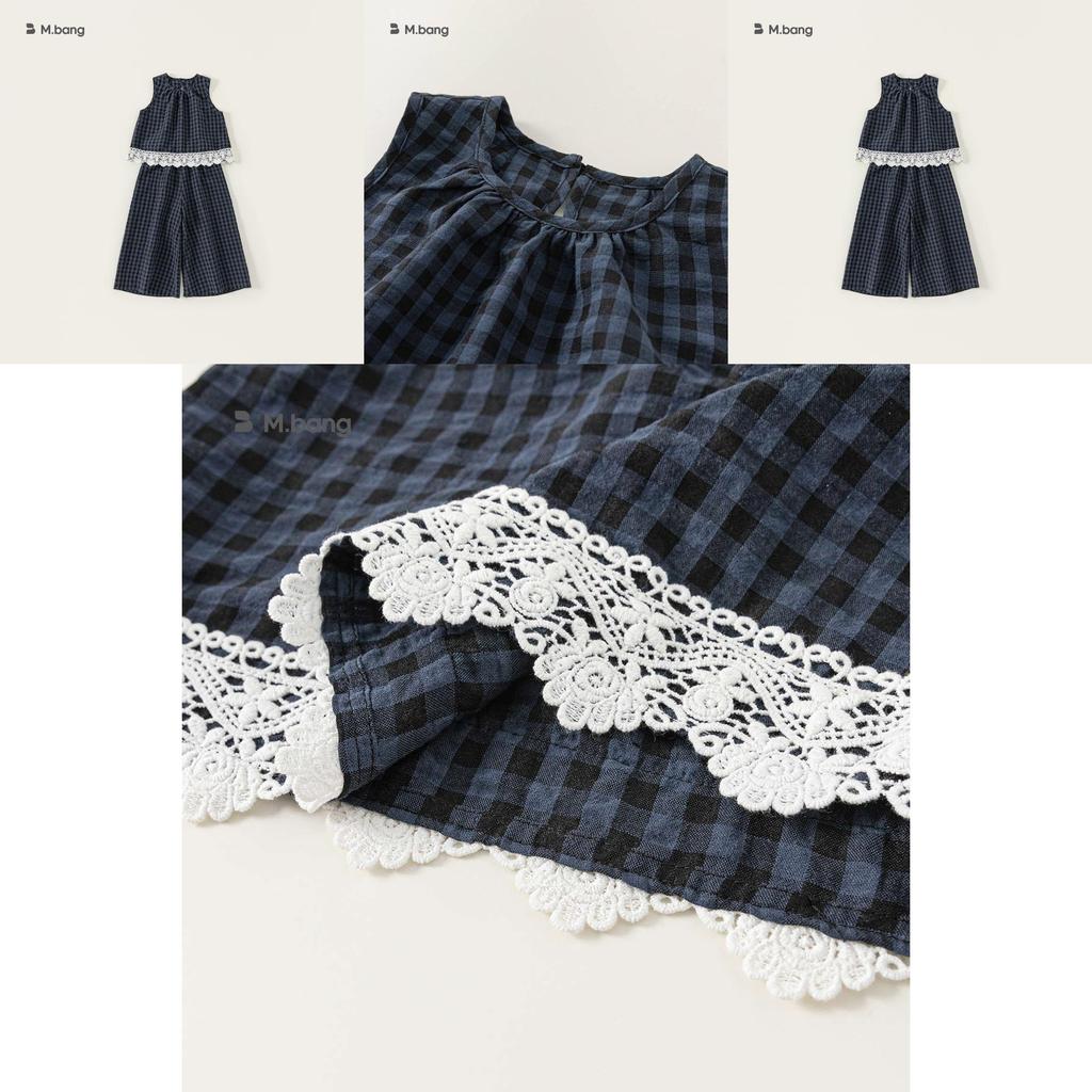 Kid Summer Sleeveless Top And Pants Set With Checkered Pattern And Lace Design For Kids Ages 8 And Up