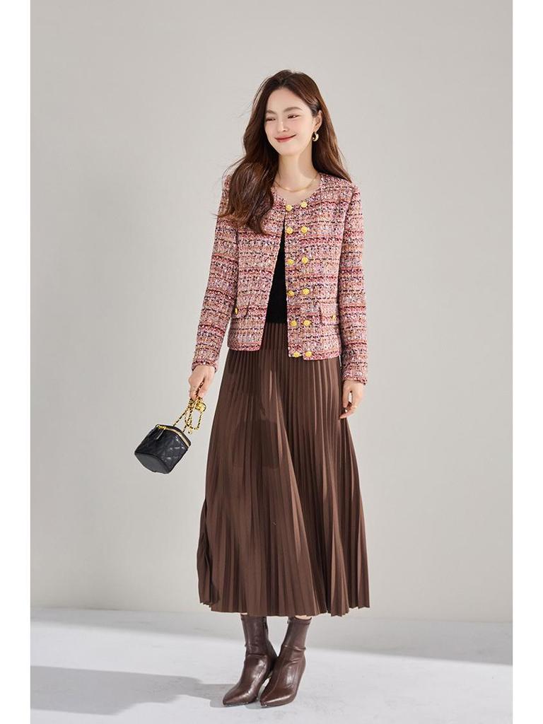 Spring Grey High-Waisted Slimming Pleated Midi Skirt - Versatile Commuting Outfit