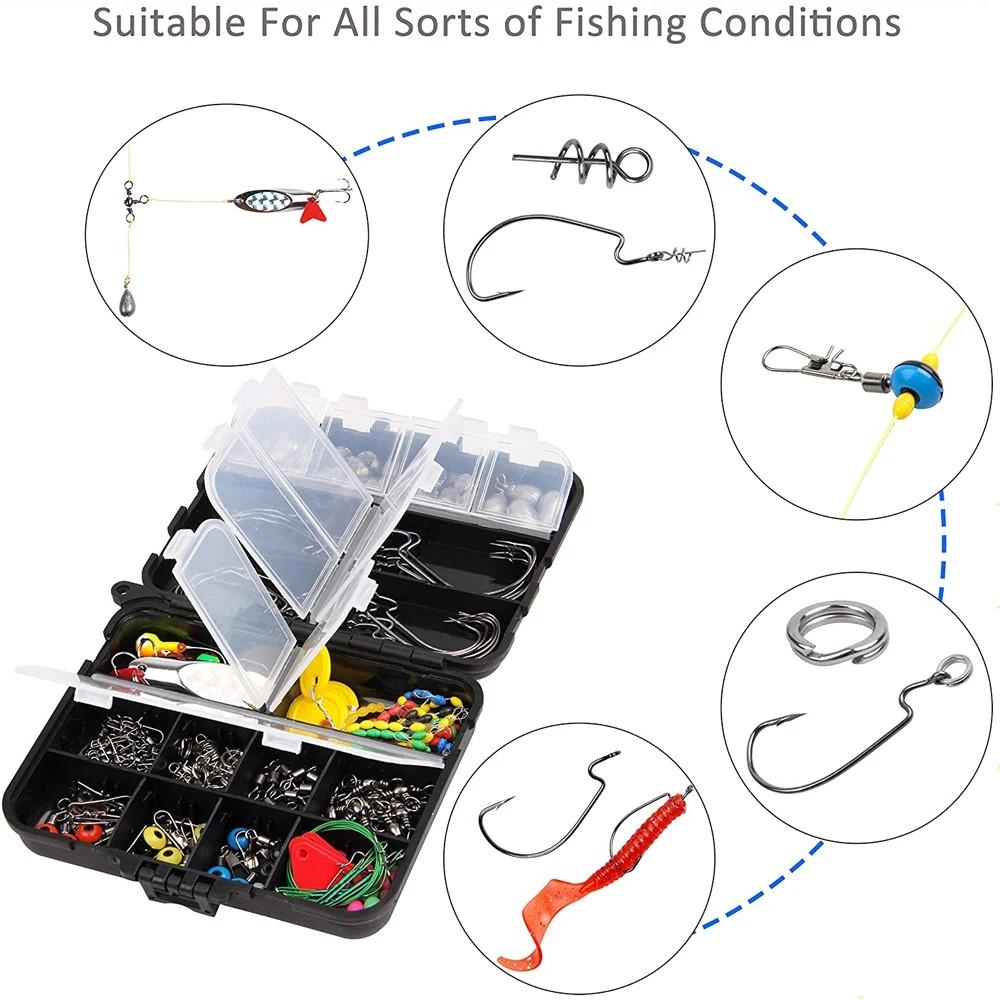 174 ks/krabička Sada rybářského příslušenství s jigovými červovými háčky, zátěžovými olůvky, obratlíky, karabinkami, kroužky pro sladkovodní a mořský rybolov