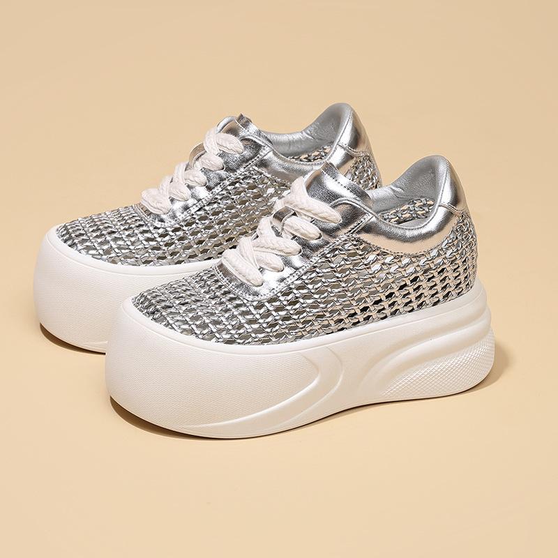 Thick-soled Hollow Fashion Casual Shoes for Women In Summer Woven Mesh White Shoes All-match Platform Shoes