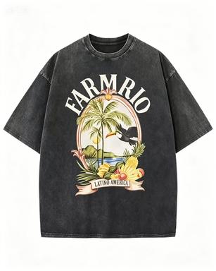 2026 new Washed Cotton Tshirt with Tropical Nature Print Casual Streetwear Top 2XL
