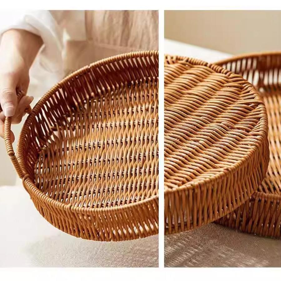 Round Rattan Serving Tray with Handles Handwoven Wicker Storage Basket Fruit Snack Breakfast Home Decor Kitchen Coffee Table