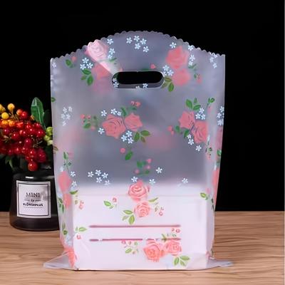 50-Pack Pink Rose Floral Plastic Thank You Bags with Handles - Reusable and Grocery Tote Bags for Boutiques, Shopping, Gifts, and Packaging
