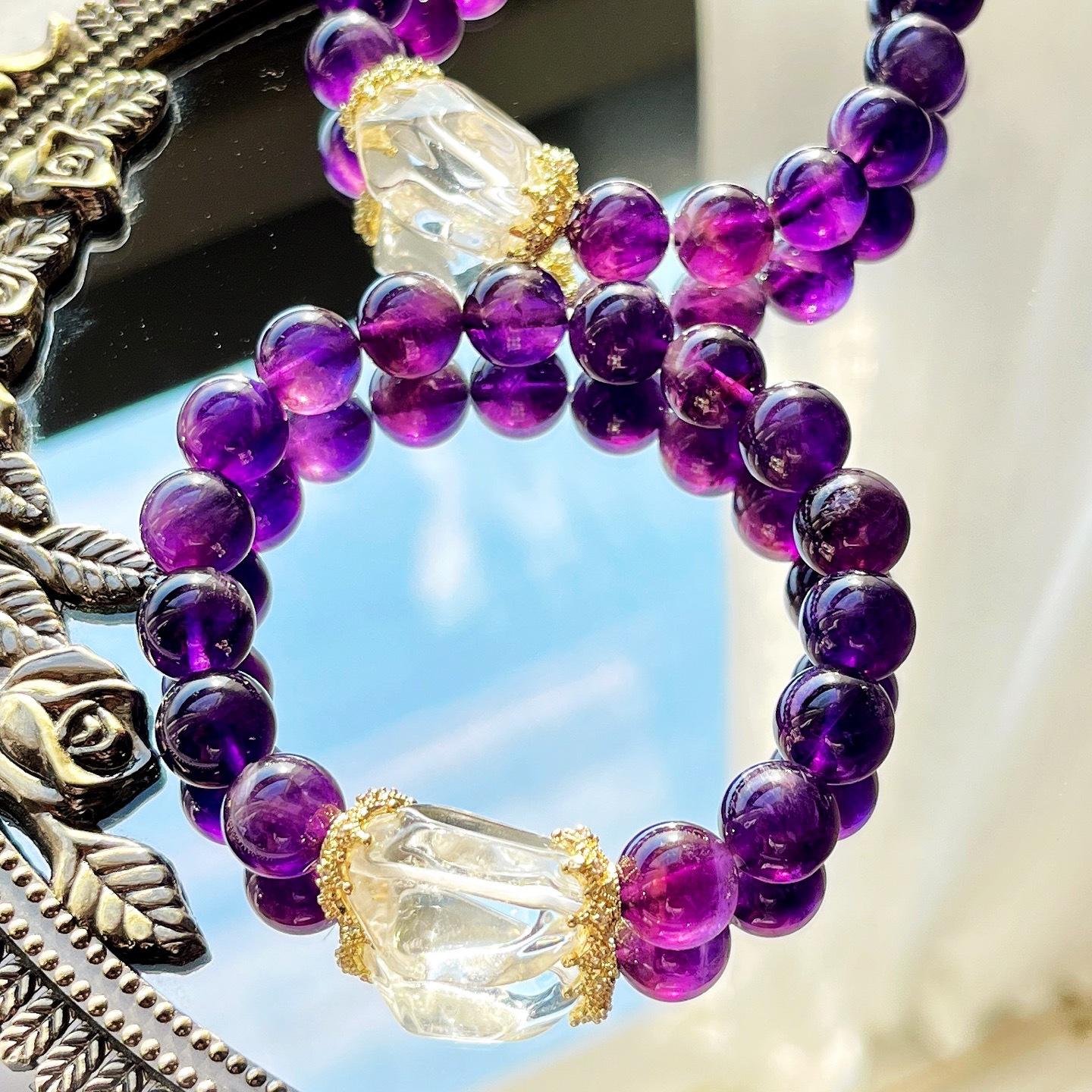 10Mm Mystery Grape Purple Natural Amethyst White Crystal Design Bracelet Bracelet