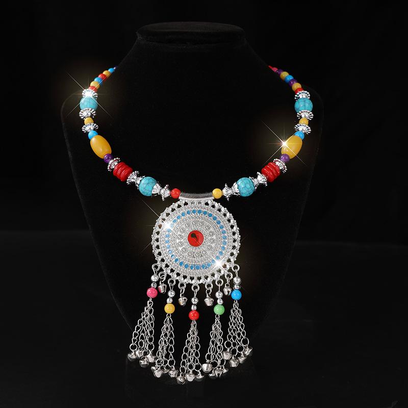Retro Yunnan Ethnic Style Collar Women's Handmade Imitation Miao Silver Beaded Exaggerated Necklace Set Chain Stall Necklace