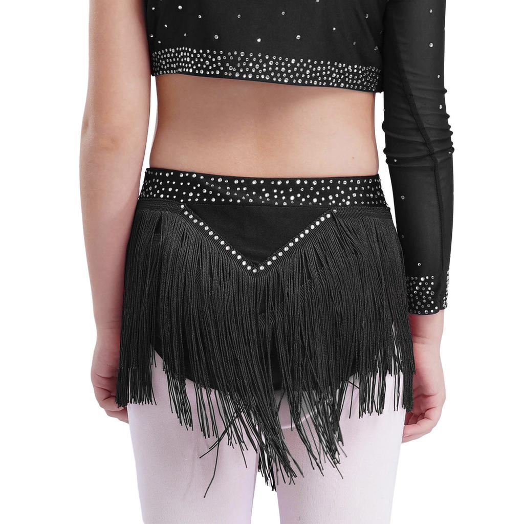 Girls Latin Dance Costume Mock Neck Sleeveless Fringe Vest Sparkly Rhinestones Tassel Skirt Performance Outfit