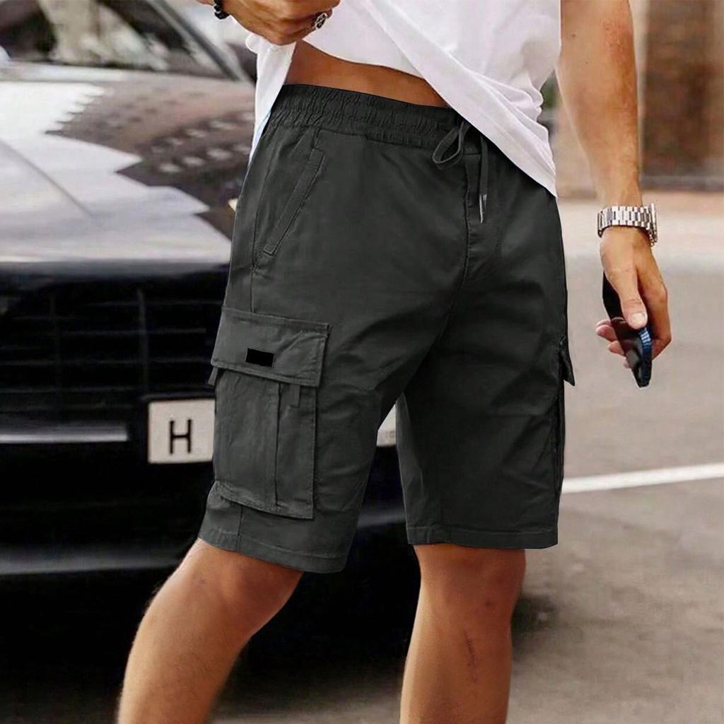 Men's Cargo Shorts Elastic Waist Drawstring  Casual Loose Solid Color Cargo Shorts With Six Pockets