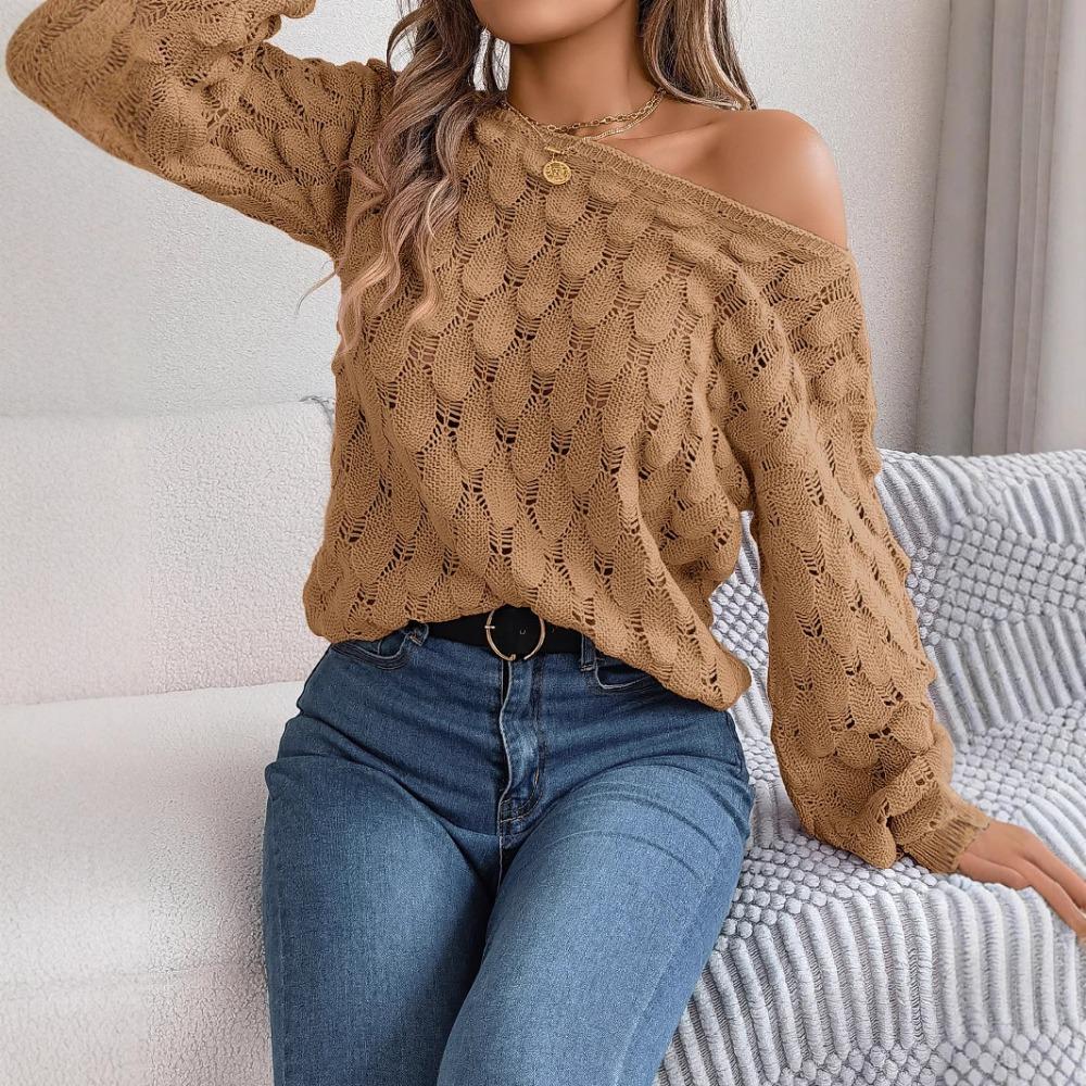 Autumn/Winter Women's Knitted Sweater Casual Feather-Patterned Openwork Off-the-Shoulder Sweater Featuring Bell Sleeves
