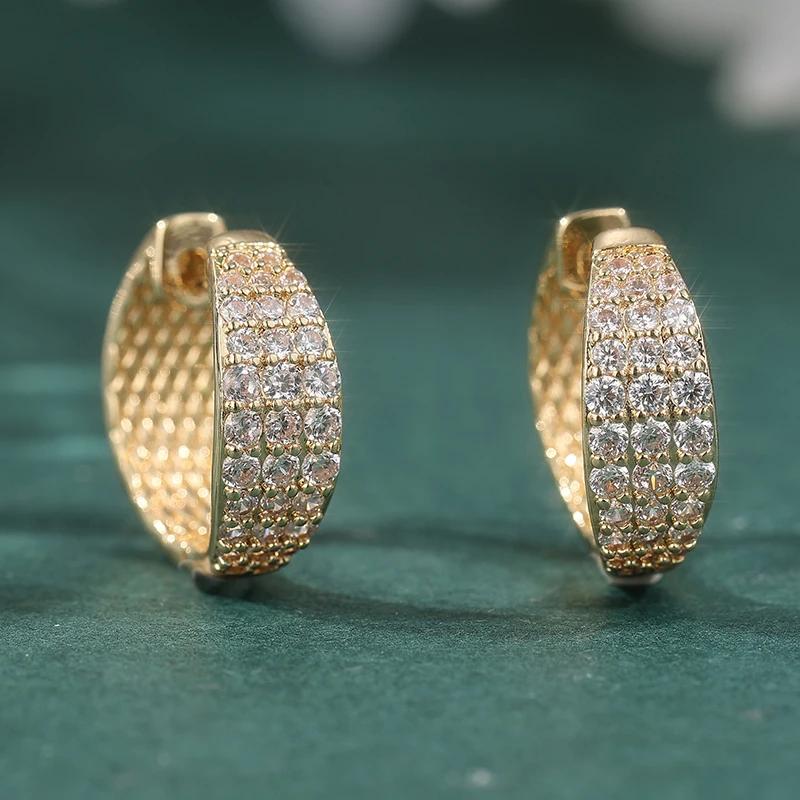Exquisite Full Synthetic White Zircon Golden Plated Hoop Earrings Women's Elegant Concise Daily Banquet Wedding Jewelry