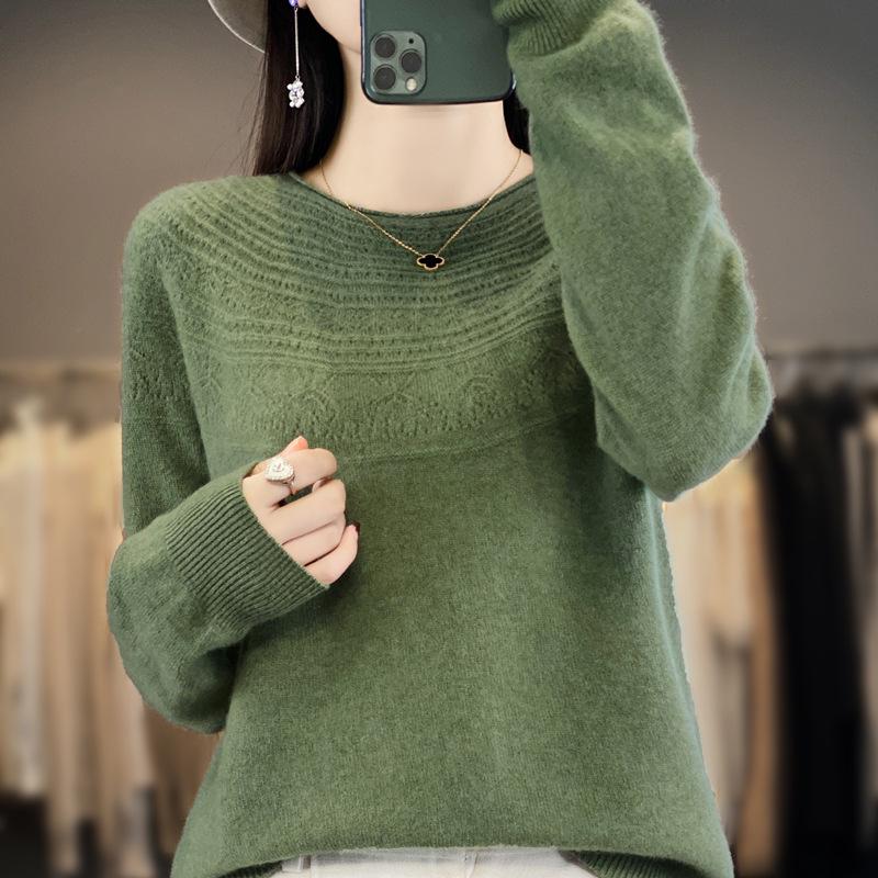 2026 Autumn Women's Round Neck Knit Pullover Sweater, Long Sleeve Jacquard Cardigan Base Layer