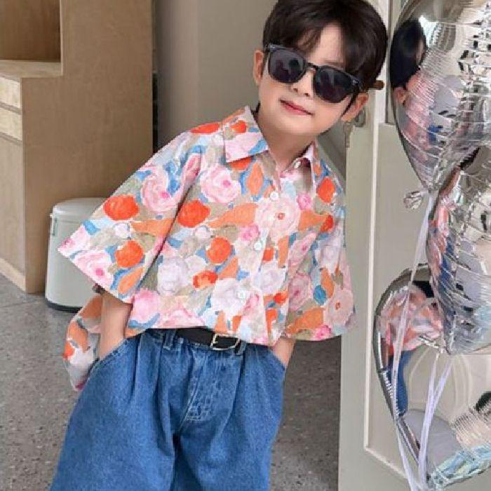 Kids Floral Print Summer Shirt - Trendy Short-Sleeve Vacation Style 150 cm