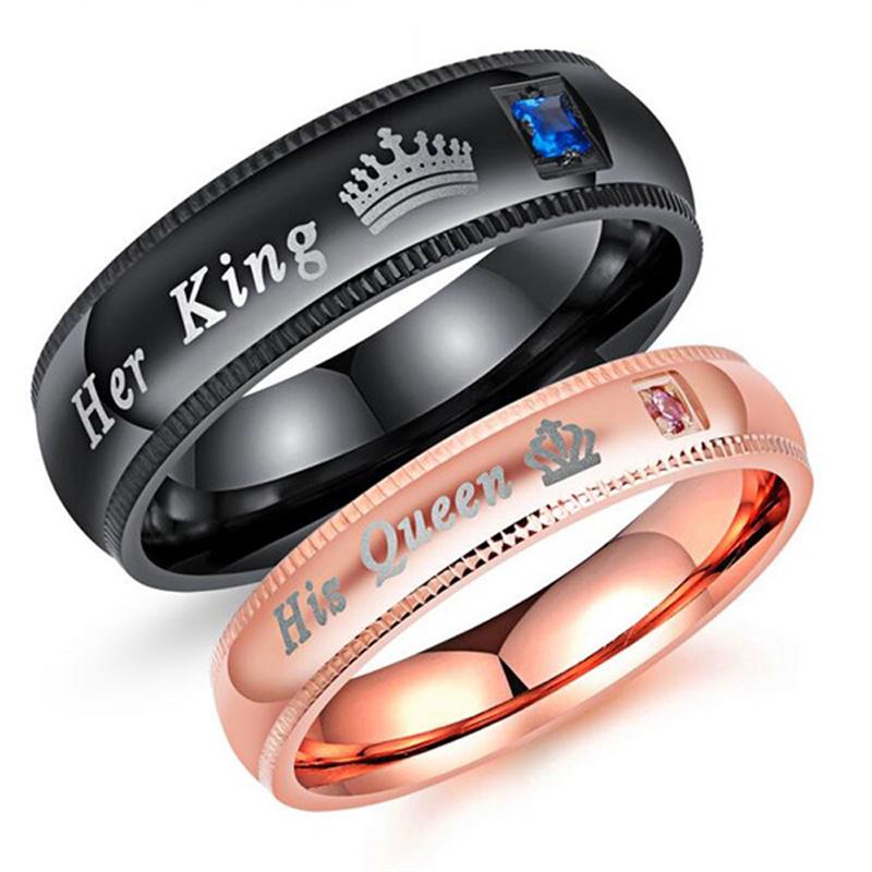 His Queen Her King Rhinestones Studded Crown Stainless Steel Ring For Lovers
