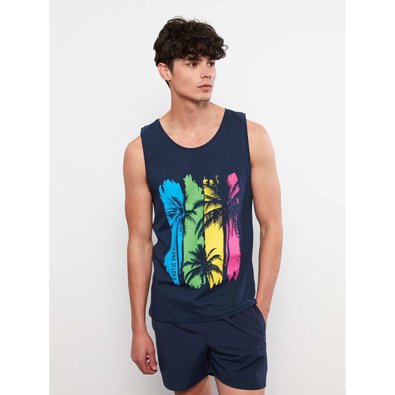 

Мужской спортивный костюм без рукавов с круглым вырезом и принтом темно-синий