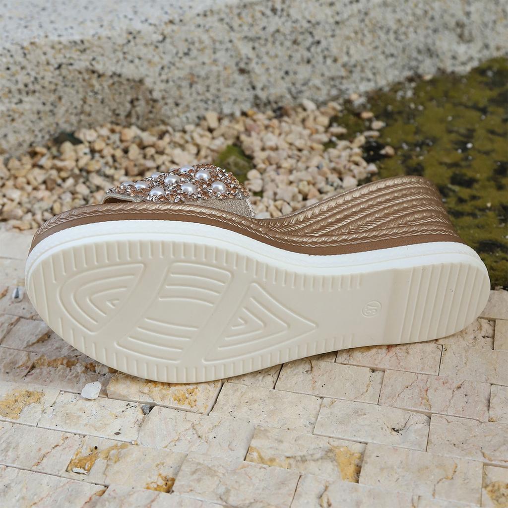 Queen Style Sandals Women'S Casual And Stylish Pearl And Rhinestone Platform Wedge Sandal Womens Summer Dress Accessories