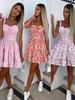 New Style Pleated Dress with Printed Spaghetti Straps and Cinched Waist