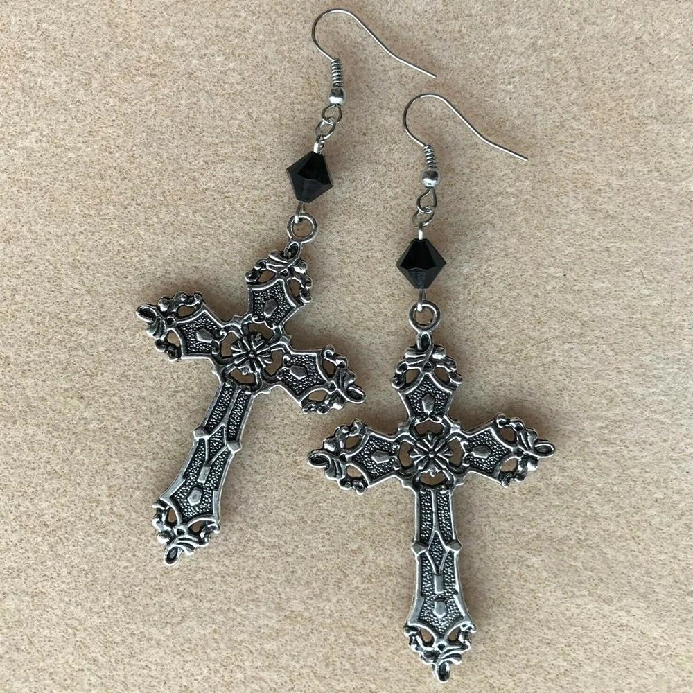 Large Gothic Cross and Black Bead Dangly Earrings Darkness Aesthetic Dangle Earrings For Women Girls Mystical Gifts