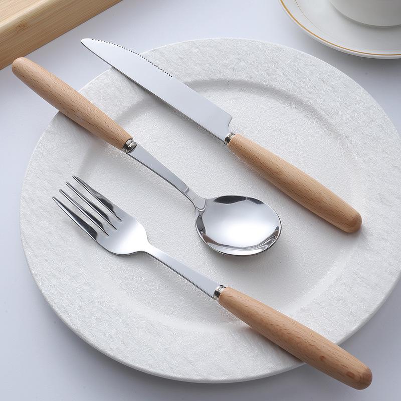Japanese Wooden Handle Stainless Steel Cutlery Set - Knife, Fork, Spoon for Western Cuisine