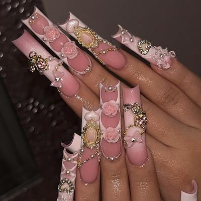 Press On Nails Long Square Fake Nails French Tip Glue On Nail with Rhinestones Designs Reusable False Acrylic Nails Full Cover Stick On Nail for Women