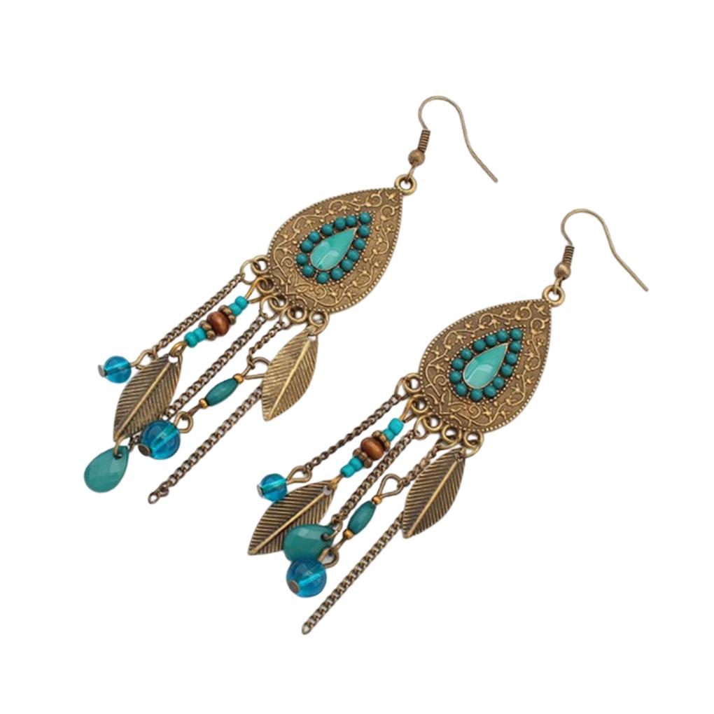 1 Pair Women Girls Oval Leaves Alloy Hook Ear Studs Tassels Beads Long Earrings