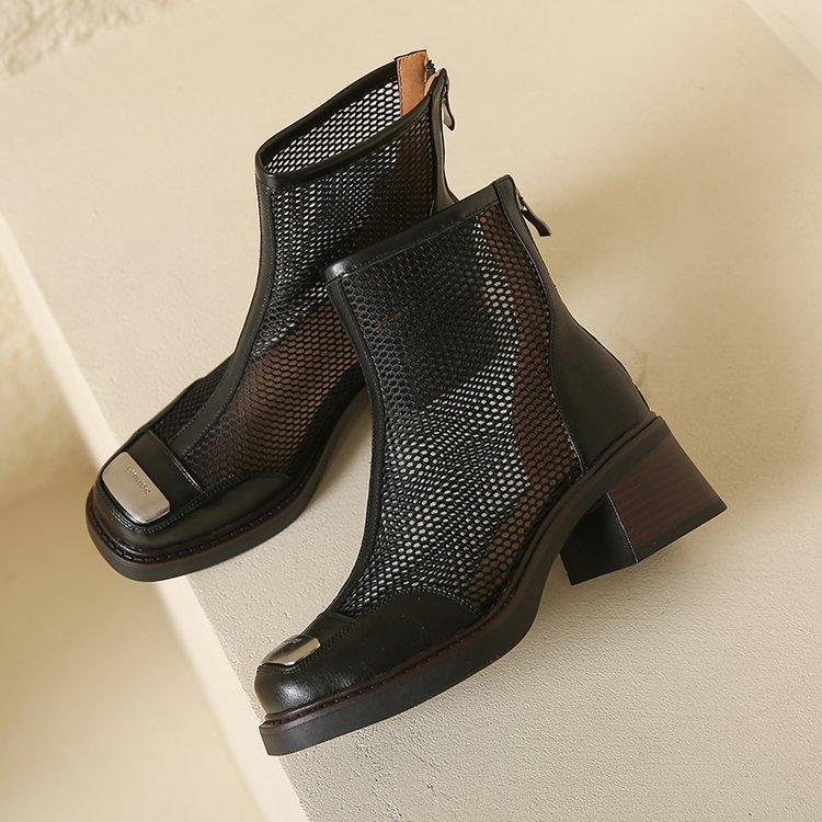 Retro Martin Boots Women's Summer Thin New Thick Heel Mesh Hollow Sandals Breathable Soft Sole Short Boots Cool Boots