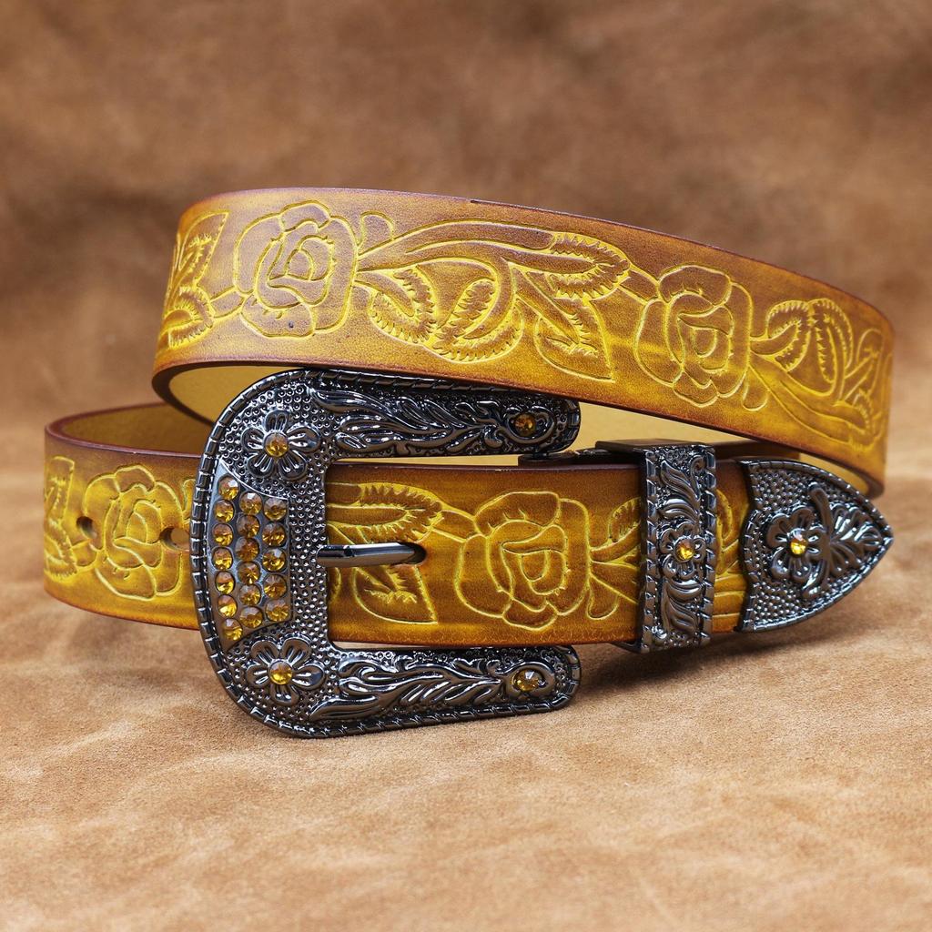 Western Embossed Cowhide Leather Belt - Retro Pin Buckle Men's Genuine Leather Belt for Trendy Young Men.