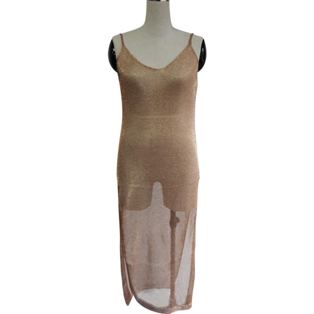 Women's V Neck Sleeveless Knit Beach Dress Loose Fit High Slit Solid Color Cover Up Dress