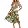 Women's Casual Fashion Flared Skirt V-neck Short-sleeved Floral Print Dress