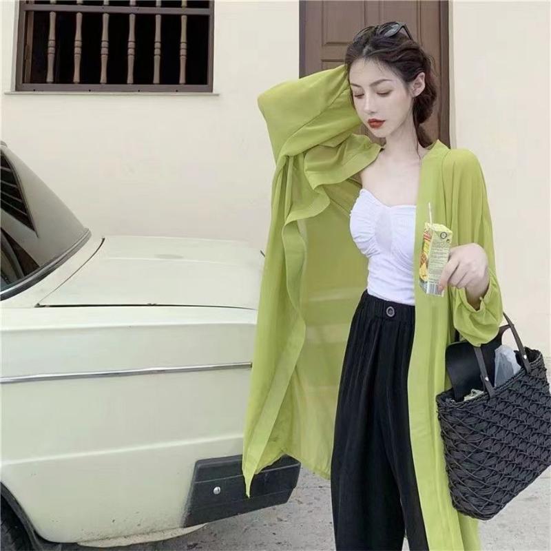 Protezione solare Donna Cardigan alla moda al ginocchio Giacca estiva sottile Versione coreana della camicia protettiva in chiffon allentata