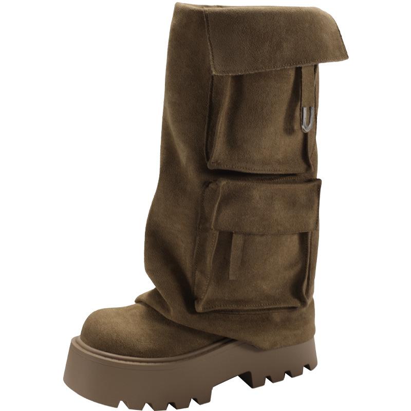 Brown Suede Pocket Flat Platform Knee High Boots Women's Soft Y2K Cool Round Toe Highten Shoes 2025 New in Luxury Designer Shoes
