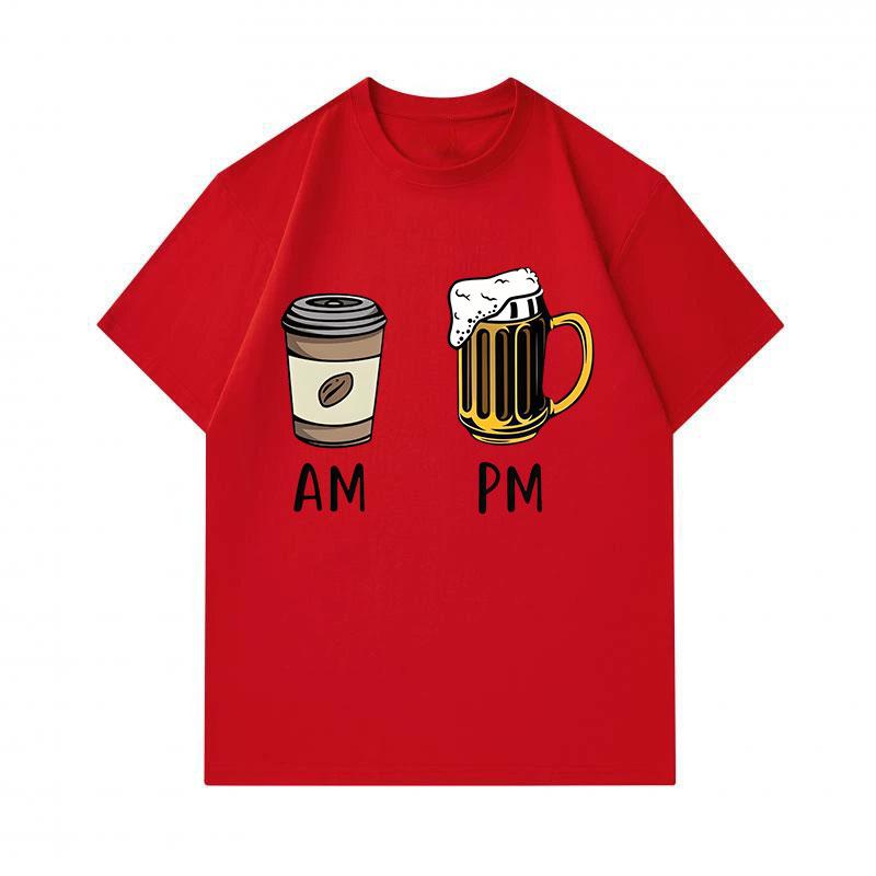 Men's 100% Cotton Crew Neck Short Sleeve T-Shirt, Funny AM Coffee PM Beer Graphic Casual Daily Wear Tee, Soft Breathable Summer Top for Men